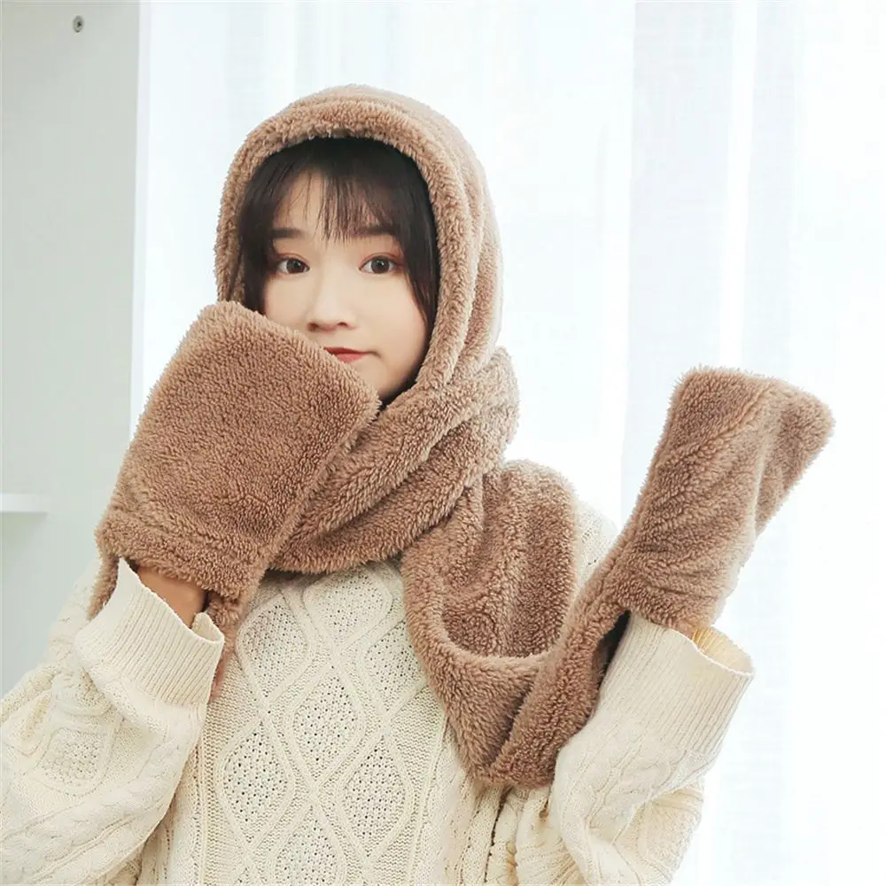 

Casual Warm Pure Color Winter Hat Scarf Gloves Set Women Caps Plush Beanies Caps