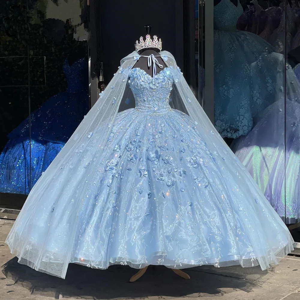 

Sky Blue Cinderella Quinceanera Dresses with Cape Appliques 3D Floral Off Shoulder Lace-up Corset vestidos de 15 quinceañera