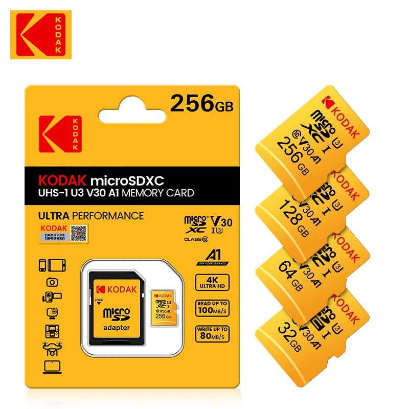 

Kodak Memory Card High Speed 100MB/s MicroSD Card 256GB 128GB 32GB 64GB Ultra TF Class10 V30 U3 Adapter for Camera Phone Macbook