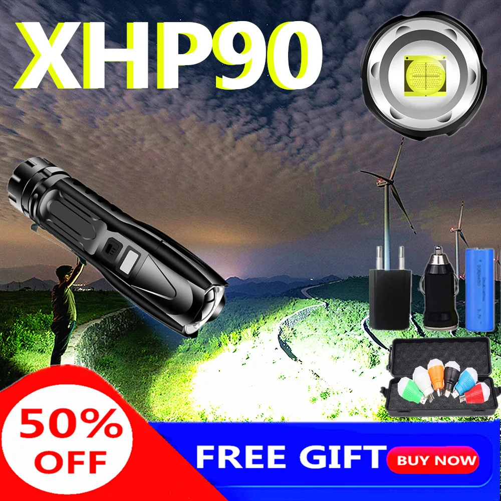 

2021Most Bright XHP90 LED Flashlight XLamp Tactical waterproof Torch Smart chip control With bottom attack cone USB rechargeable