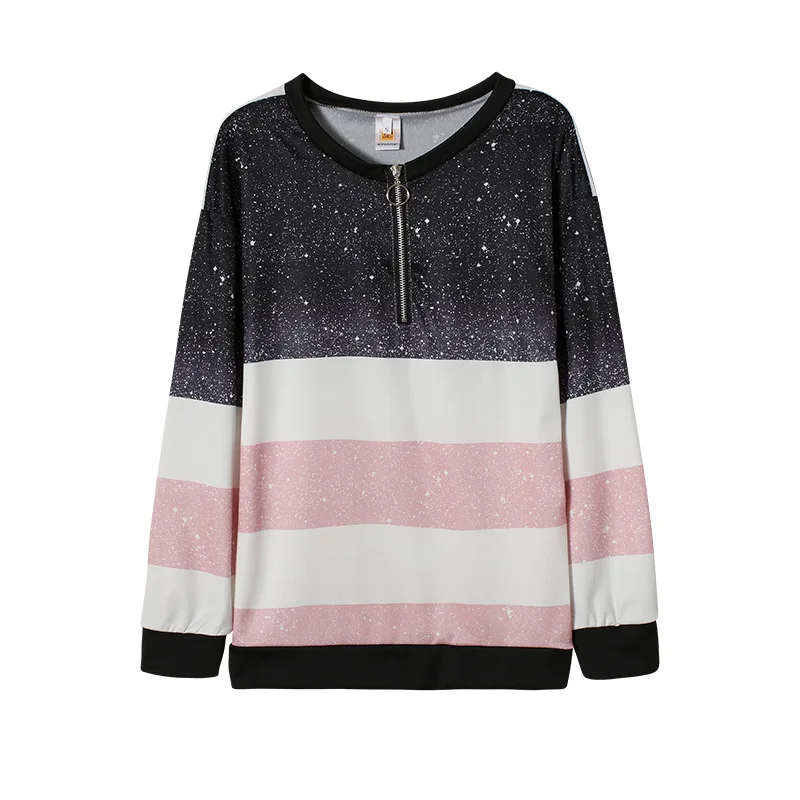 Striped Digital Printing Sweatshirts Women Loose Zipper V-neck Pullovers Tops Autumn Winter Ladies Long Sleeve Casual T-shirts