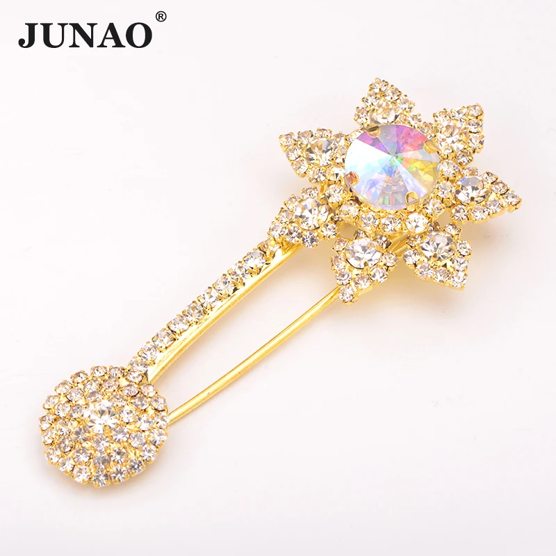 

JUNAO 2Pcs 35*85mm Large Size Sewing Crystal AB Flower Glass Rhinestone Brooch Pins Corsage Gold Strass Appliques For Wedding