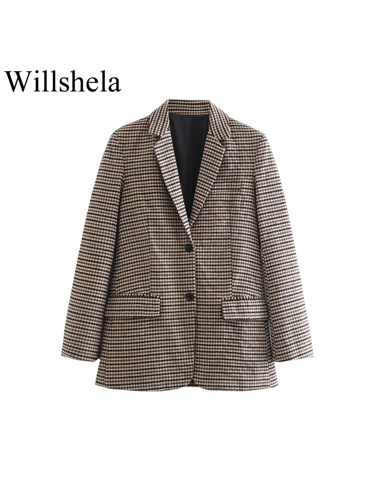 

Willshela Women Fashion Plaid Single Breasted Blazer With Pockets Vintage Long Sleeves Notched Neck Female Office Lady Outfits