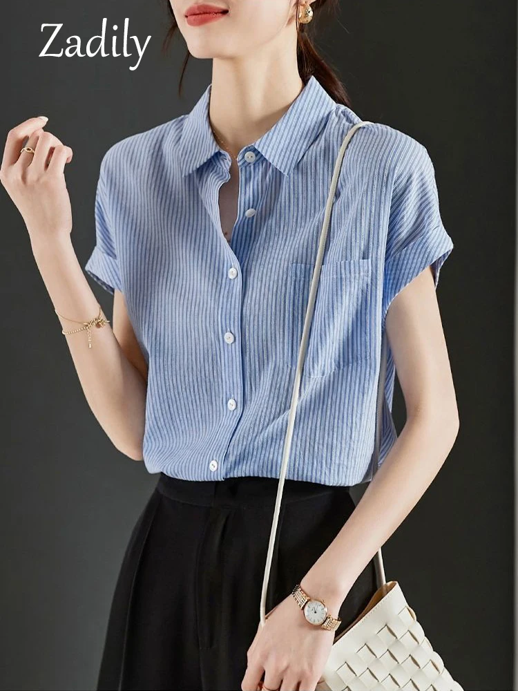 

Zadily 2022 Summer Short Sleeve Striped Cotton Shirt Women Office Lady Button Up Blue Blouse Work Fashion Female Clothing Tops
