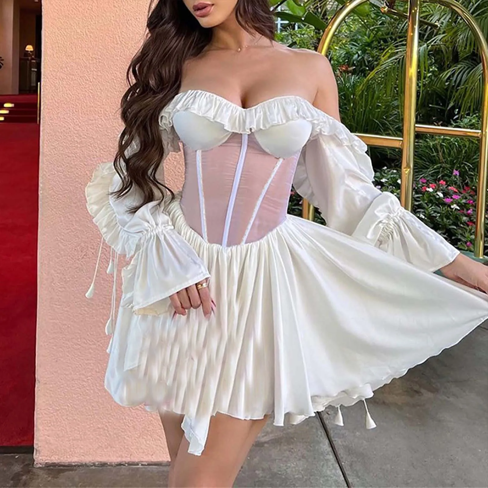 

Women's Dresses Long Sleeve Off Shoulder Mesh See Though Sweet Mini Dress Slim Fit Pink Sexy Strapless Summer Party Dress