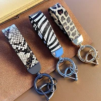luxury genuine leather keychain lanyard men women leopard zebra snake pattern buckle car key ring holder jewelry gift chaveiro