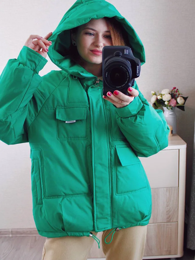 2023 Winter Parka Coat Women Hooded Down Cotton Jacket Female Casual Loose Thick Warm Short Coat Basic Fashion Solid Outwear