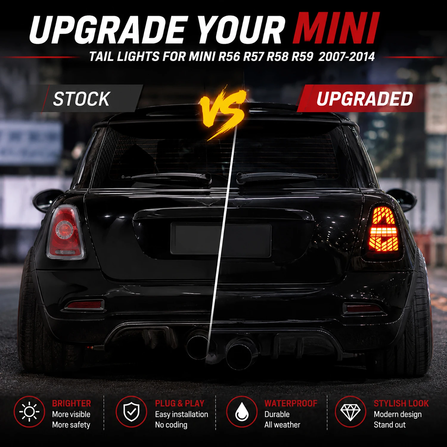 Светодиодные задние фонари HCMOTIONZ для Mini R56 R57 R58 R59 2007-2014 с последовательной подсветкой, анимацией запуска, ДХО, стоп-сигналом, двойной подсветкой заднего хода и противотуманными фарами (красныедымчатые) (art.: 3920dc6dced21) - 3920dc6dced21
