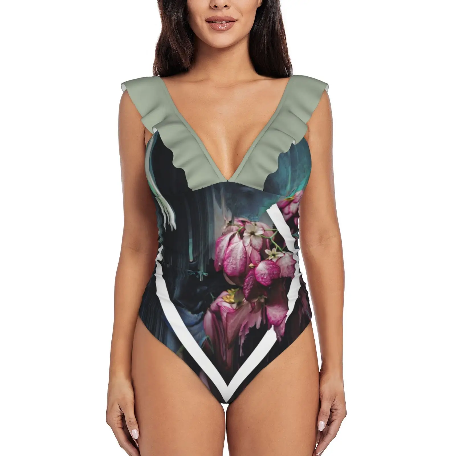 

Сексуальный слитный купальник Dark Orchid 1, женский купальник, монокини, купальный костюм с оборками, пляжная одежда, эстетичные с цветочным узором и блестками