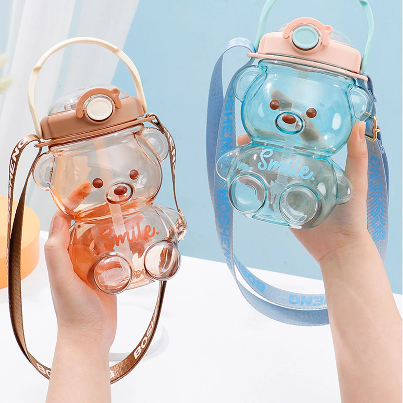 

Kawaii Bear Plastic Water Bottle With Straw Waterproof Sealing Portable Strap Cute Kids Bottles For Girls Summer PlasticKettle