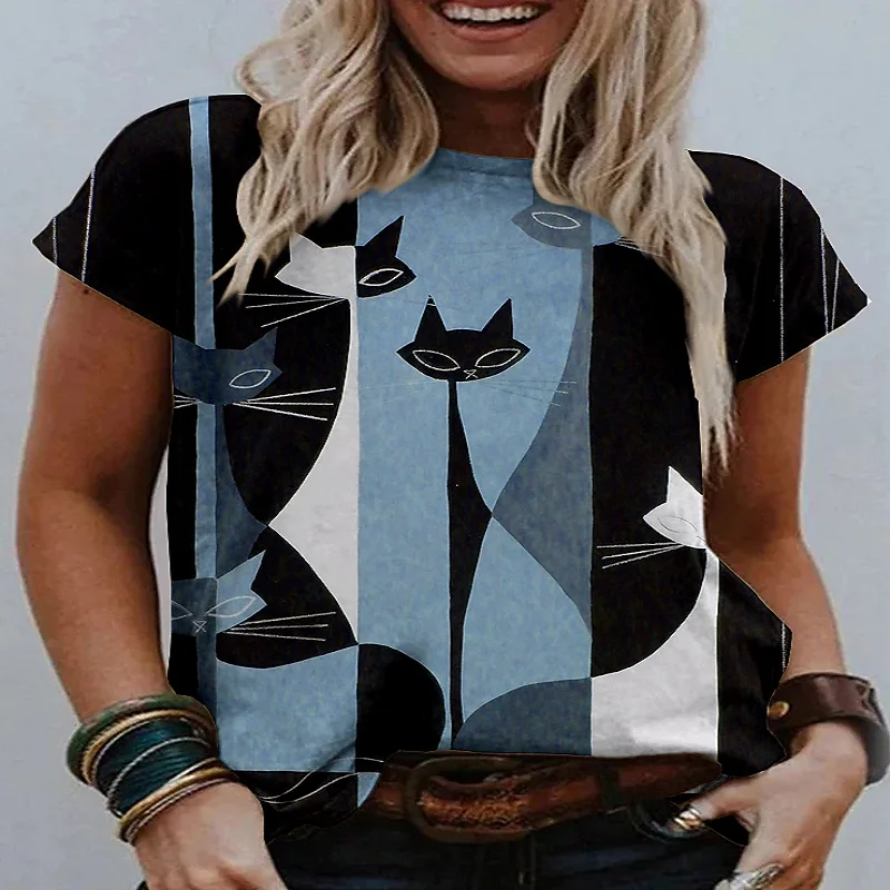 

3D Abstract Cat Print Women's Clothing T-shirt Women's Short-sleeved Summer New Fashion Casual Women's Tops
