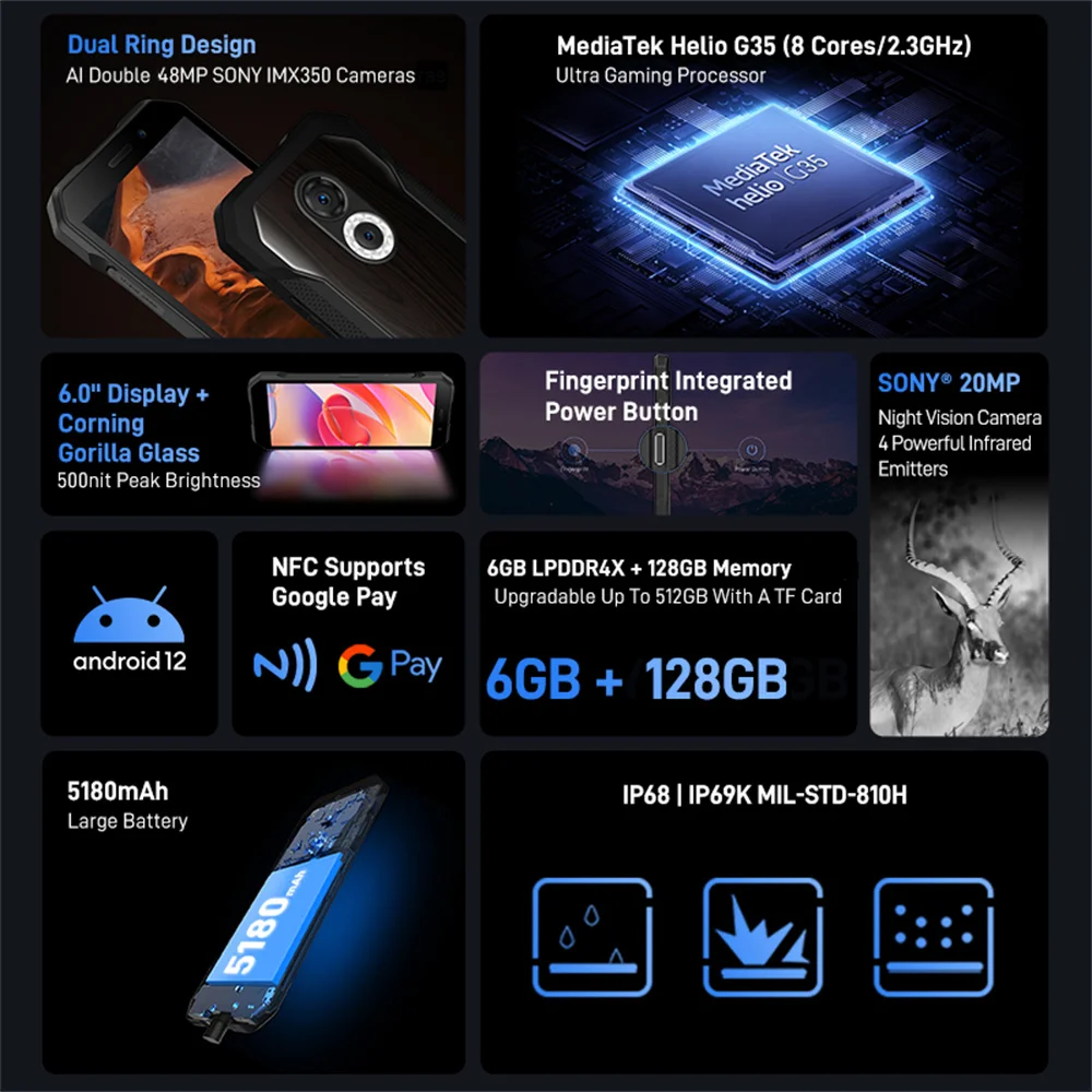 DOOGEE S61 Pro Rugged Phone 6GB RAM+128GB ROM NFC 20MP Night Vision Camera 5180mAh 6.0