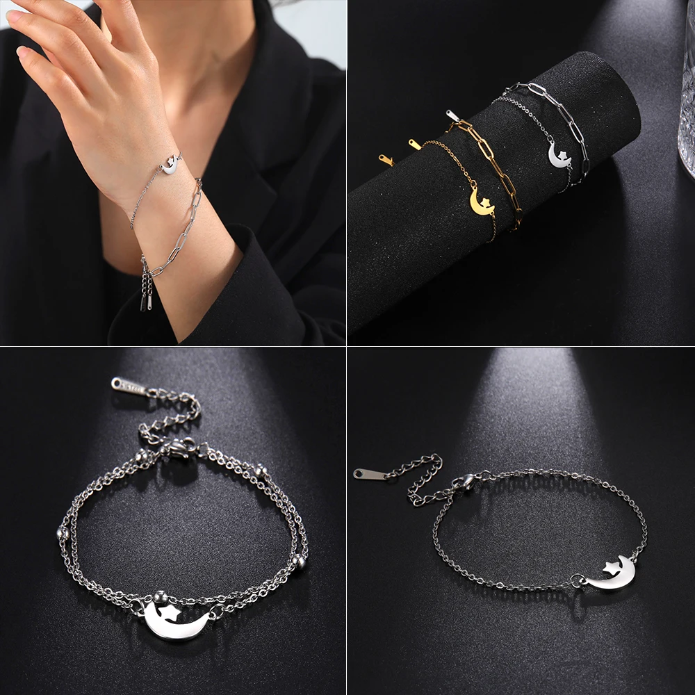 

Amaxer Stainless Steel Bracelets Moon and Star Multi-layer Bracelet For Women Engagement Wedding Jewelry Lover Gifts