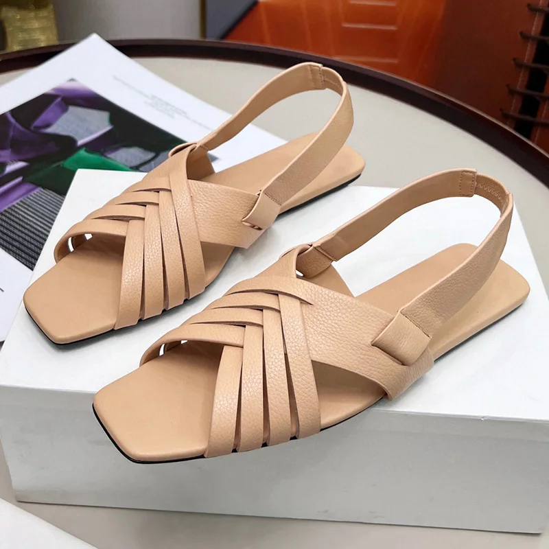 

Spring/Summer Collection Simple Casual Women Flat Shoes Genuine Leather Cross Vamp Design Roman Shoes Square Toe Vintage Sandals