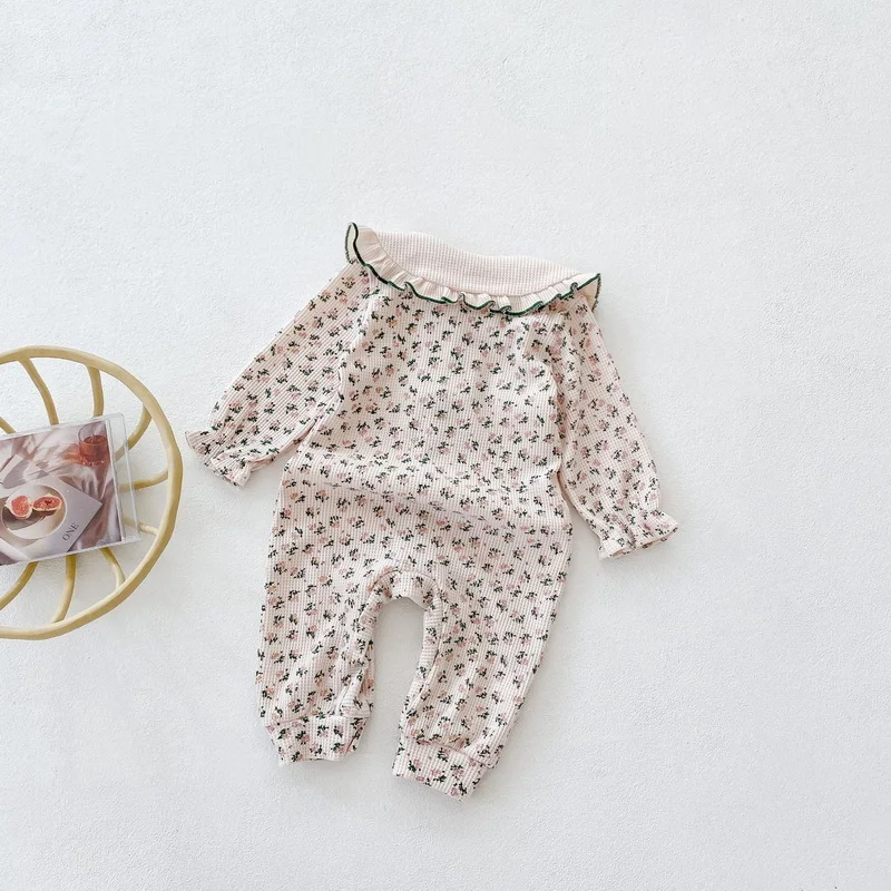 2022 Korean Style Spring Baby Girl Romper Green Floral Peter Pan Collar Striped Bow Cotton Jumpsuit Infant 1pcs Playsuit E4019 - купить по