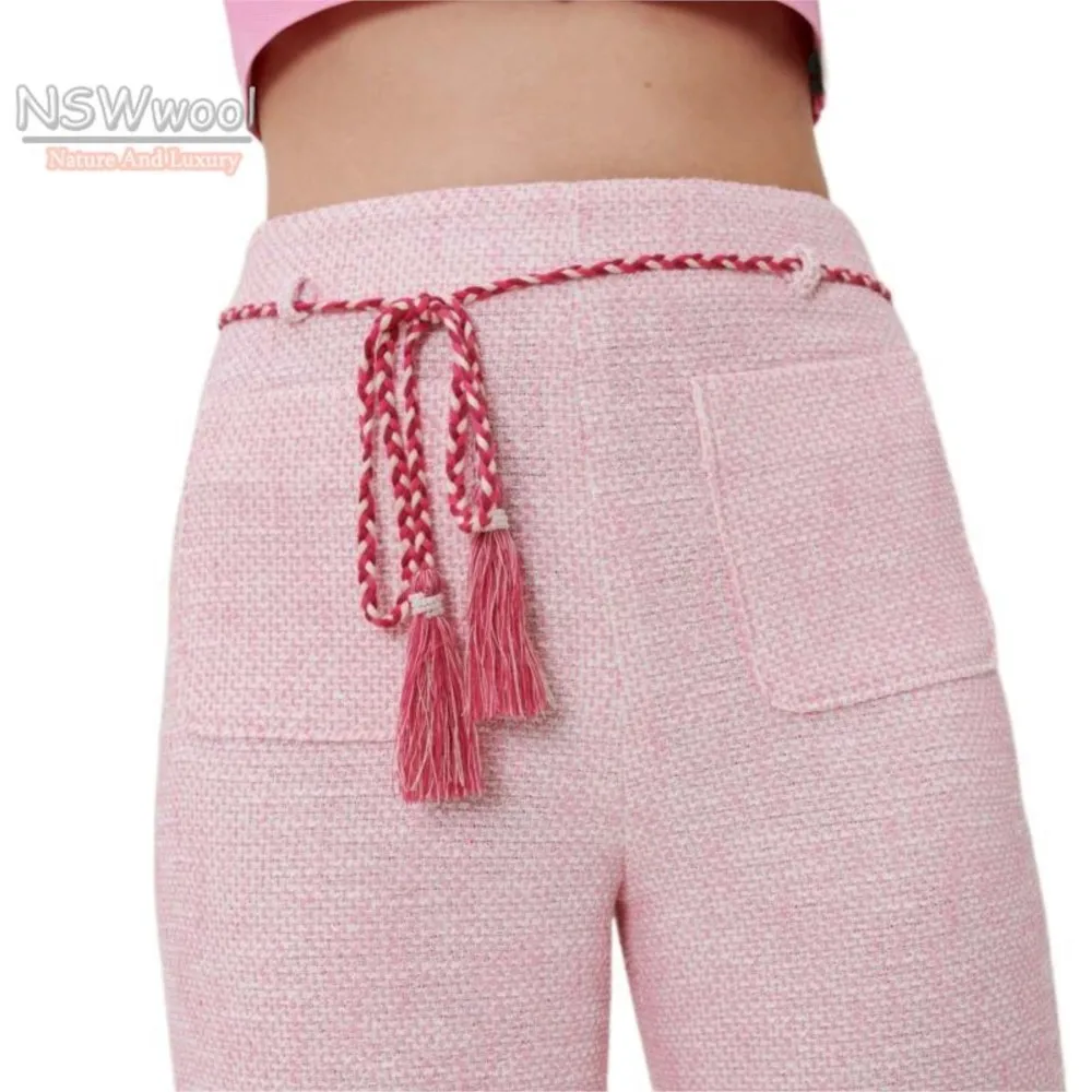 

2022 Spring Summer Women Pink Tweed Self-tie Belt Wide Long Pants France Pairs Free Shipping Brand Paris France