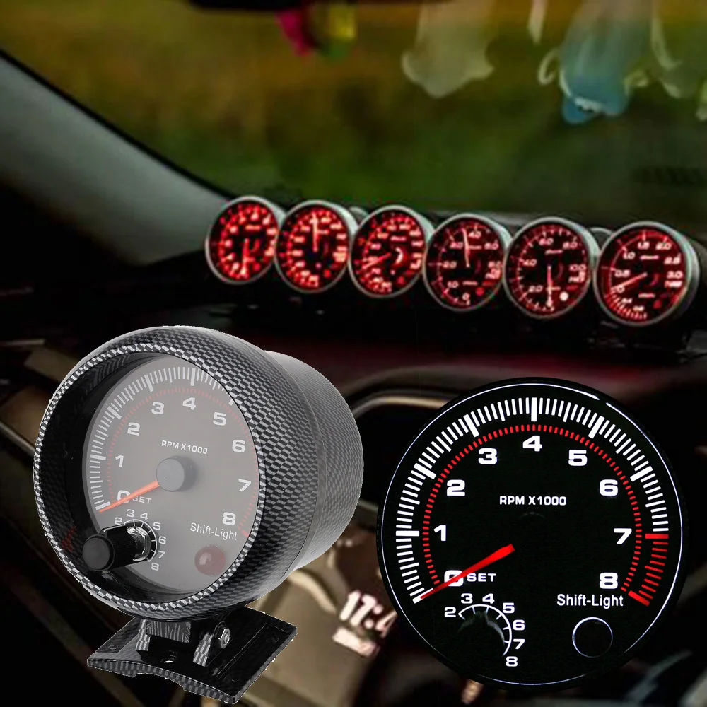 

80mm Racing Car 0-8000 RPM Blue LED Adjustable Tachometer RPM Gauge Shift Light 4 6 8 Cylinder