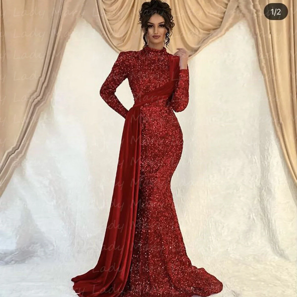 

Женское вечернее платье с блестками, красное платье в мусульманском стиле с высоким воротом и длинным рукавом, платье для выпускного вечера, 2023