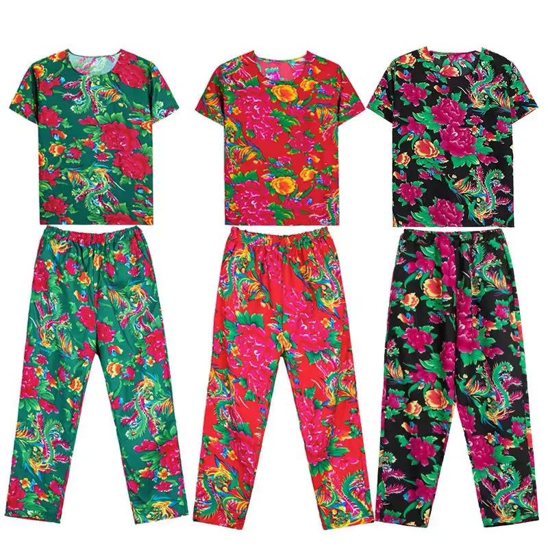 

Одежда из ткани с большими цветами, летние красные костюмы из сетки с короткими рукавами, мужские и женские брюки из ткани с цветами