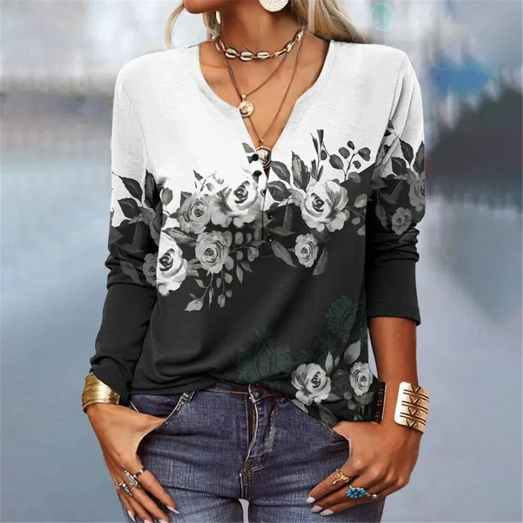 

Autumn and winter European style street new women's long-sleeved printed national fashion T-shirt