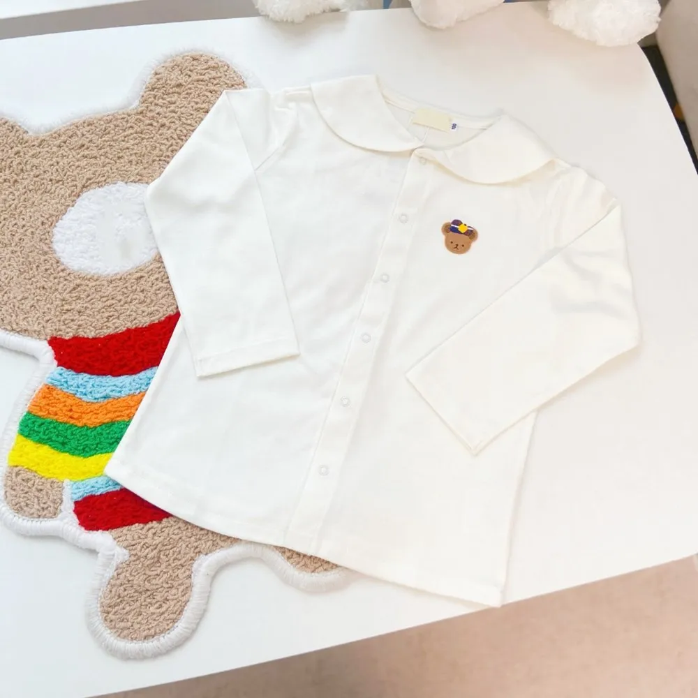 

Autumn Children's Shirt baby girls boys tops Cartoon embroidered lapel white long sleeved shirt