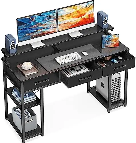 

Desk with Drawers and Storage Shelves, 48 inch Home Office Desk with Monitor Stand, Modern Work Study Writing Table Desk for Sma