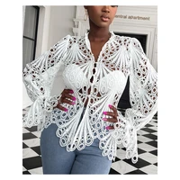 chicme s 2xl sexy women eyelet embroidery button front bell sleeve schiffy top femme long sleeve plus size blouse outfits