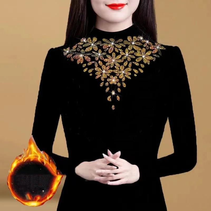 

Тонкая/толстая рубашка с полувысоким воротником со стразами, Осень-зима, новая женская футболка с длинным рукавом