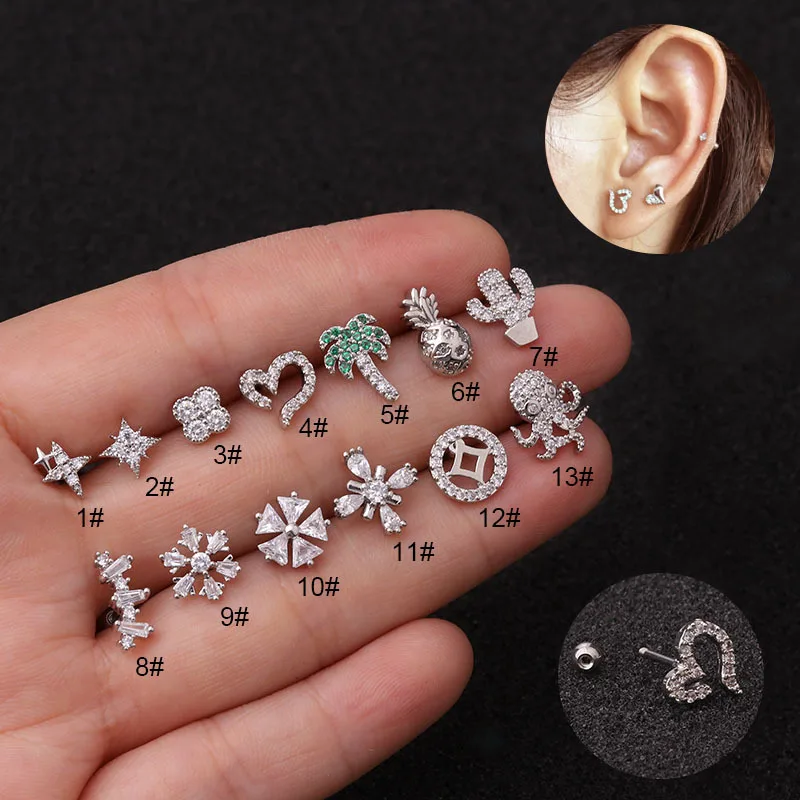 

2Pcs Stainless Steel Piercing Cartilage Stud Earrings Hoop Zircon Punk Ear Bone Nail Helix Conch Tragus Wholesale Jewelry