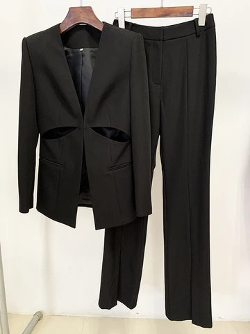 Новинка 2024 г., дизайнерский женский костюм в стиле HIGH STREET, Женский ажурный блейзер без воротника, брюки с разрезом