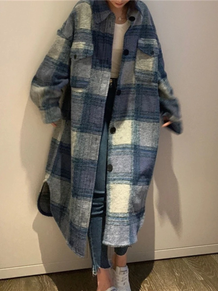 

Винтажная клетчатая длинная куртка контрастных цветов, однобортное Свободное пальто с отложным воротником, женская модная верхняя одежда ...