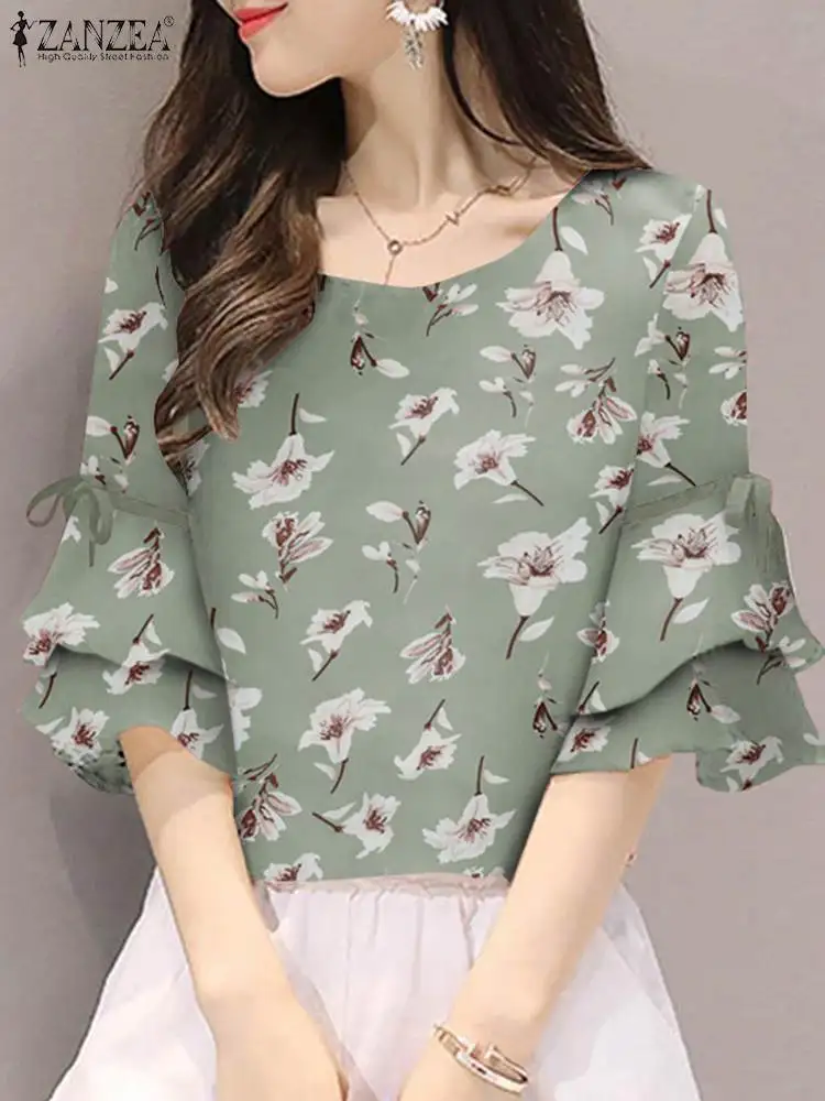 

ZANZEA Women Blouses Oversized Shirts 2023 Summer Spring Casual OL Work Floral Printed Lace-Up Tunic Flounce Sleeve Blusas Tops