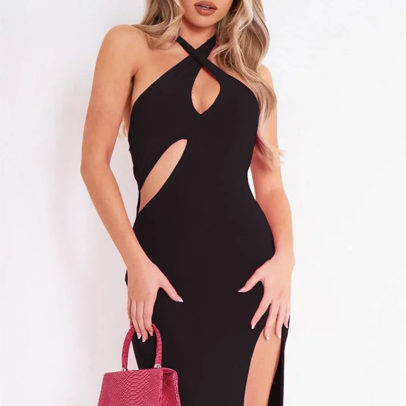 

Sexy Suspender Dress Female Summer Sexy Low-cut V-neck Open Back European and American Fashion High Thigh Split Dress Black