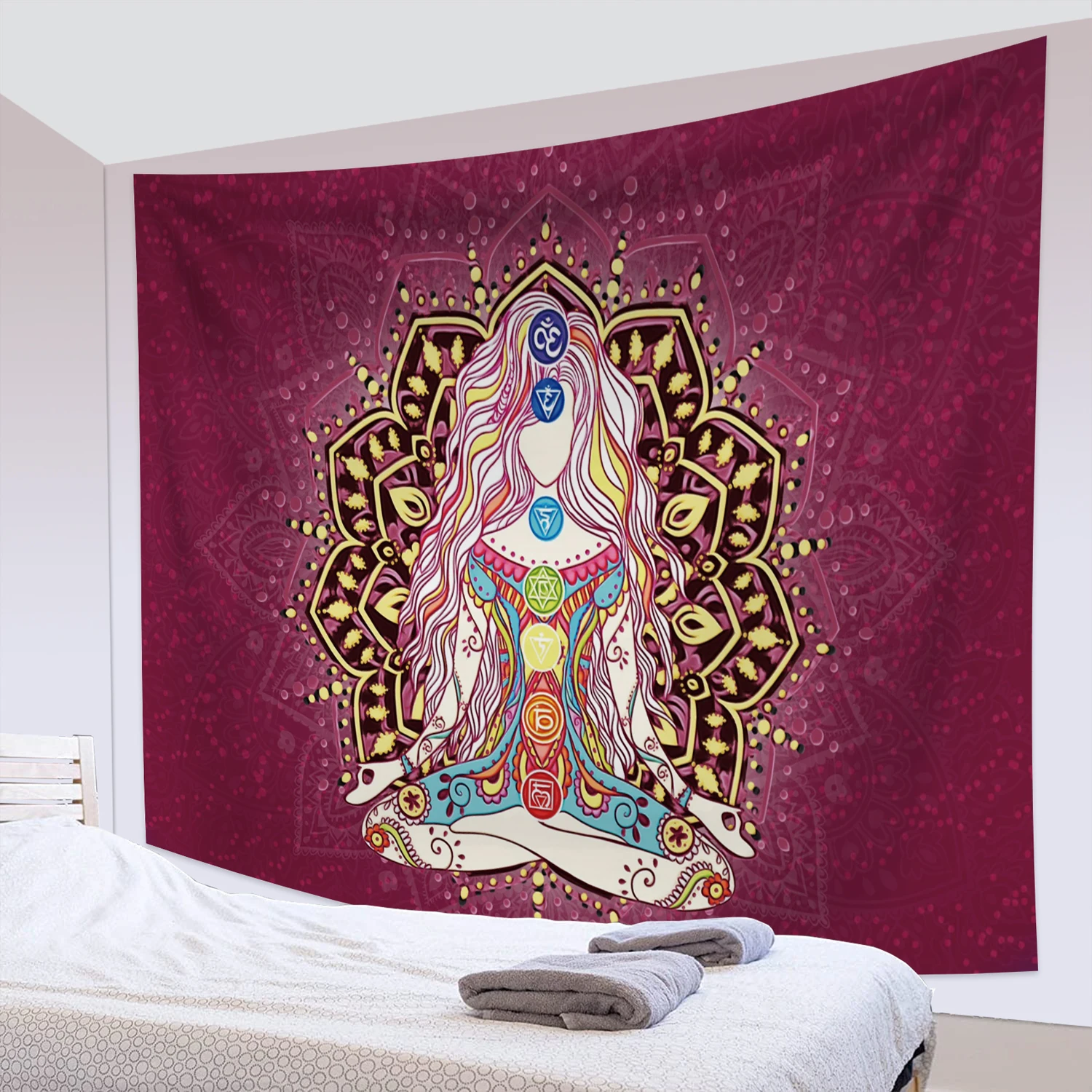 

Laeacco New Indian Buddha Tapestry 7 Chakra Buddha Relic Wall Psychedelic Carpets Indian Mandala Blankets Yoga Mat Bed Sofa Mat