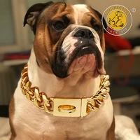 strong metal dog collar 19mm wide heavy duty gold cuban link chain stainless steel pet dogs luxury necklace for walking usage