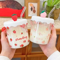 cute strawberry peach glass cup for coffee water juice milk tea creative fruit portable glass cups with lid straw scale handle