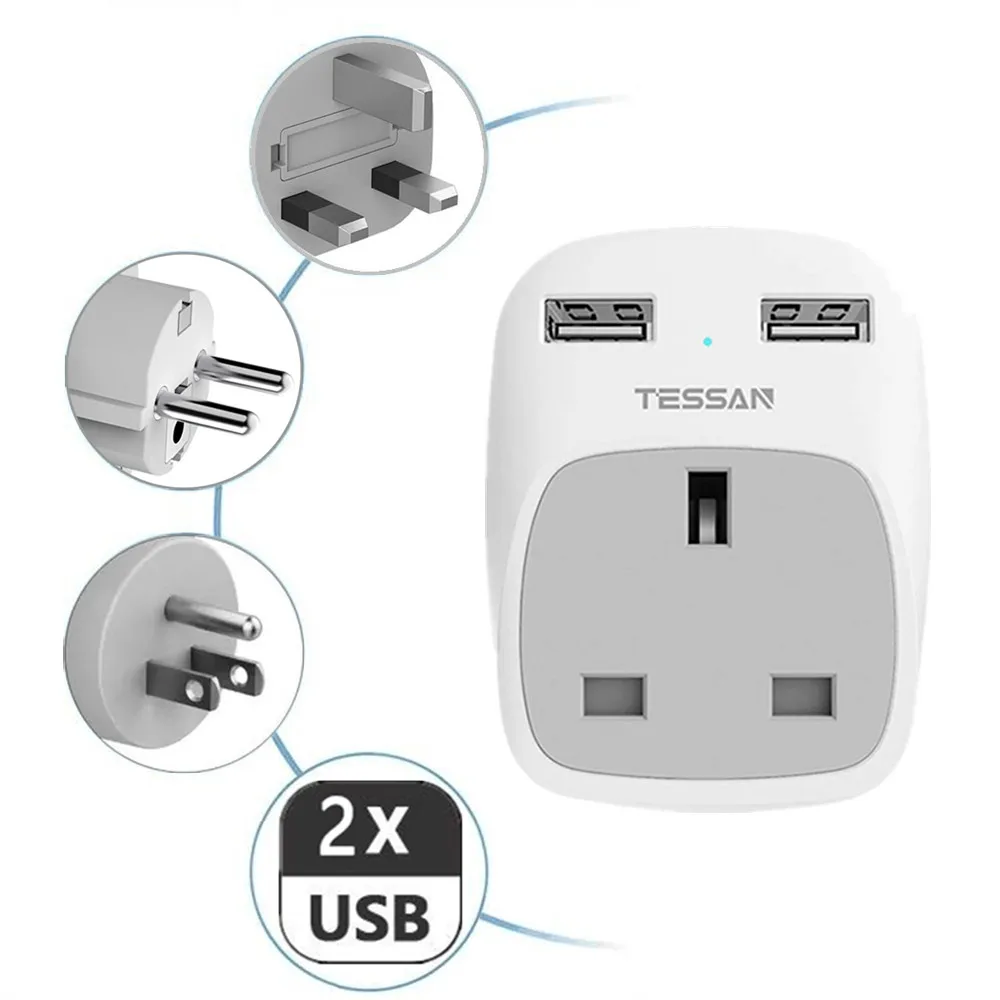 

TESSAN Portable Power Strip UK to US EU European Travel Adapter with 1 AC Outlet 2 USB Charging Ports -Type G/E/F/B Plug Adapter