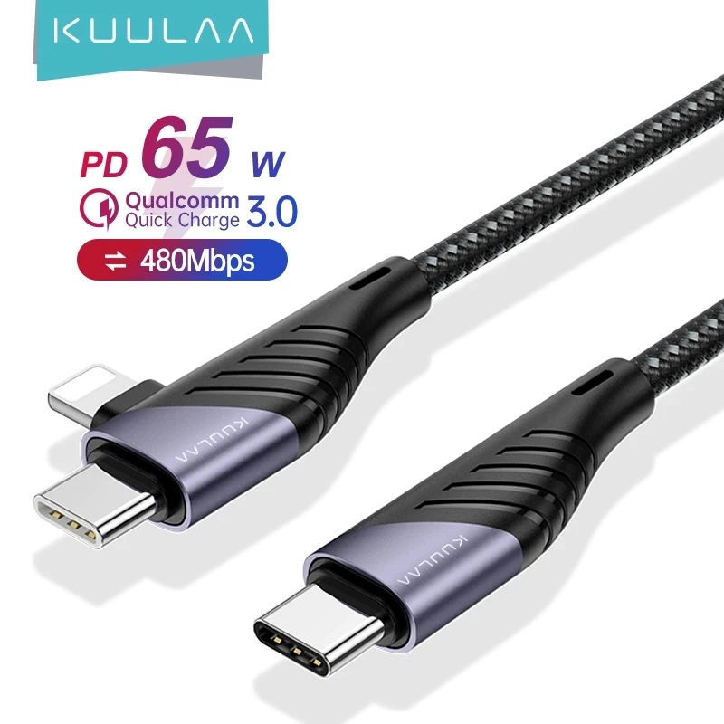 

KUULAA USB C к USB Type C к Lightning кабель для iPhone 13 12 11 Pro Max Huawei Samsung s21 3A шнур для быстрой зарядки