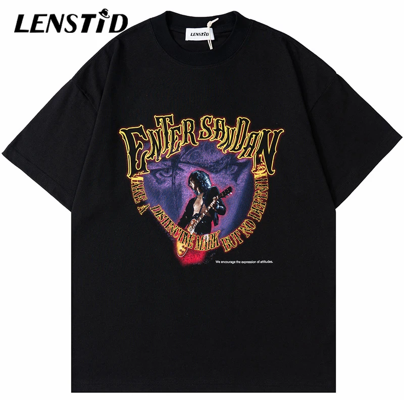 

Футболка LENSTID мужская оверсайз с коротким рукавом, уличная одежда в стиле хип-хоп с принтом гитариста и надписей, Повседневный хлопковый топ...