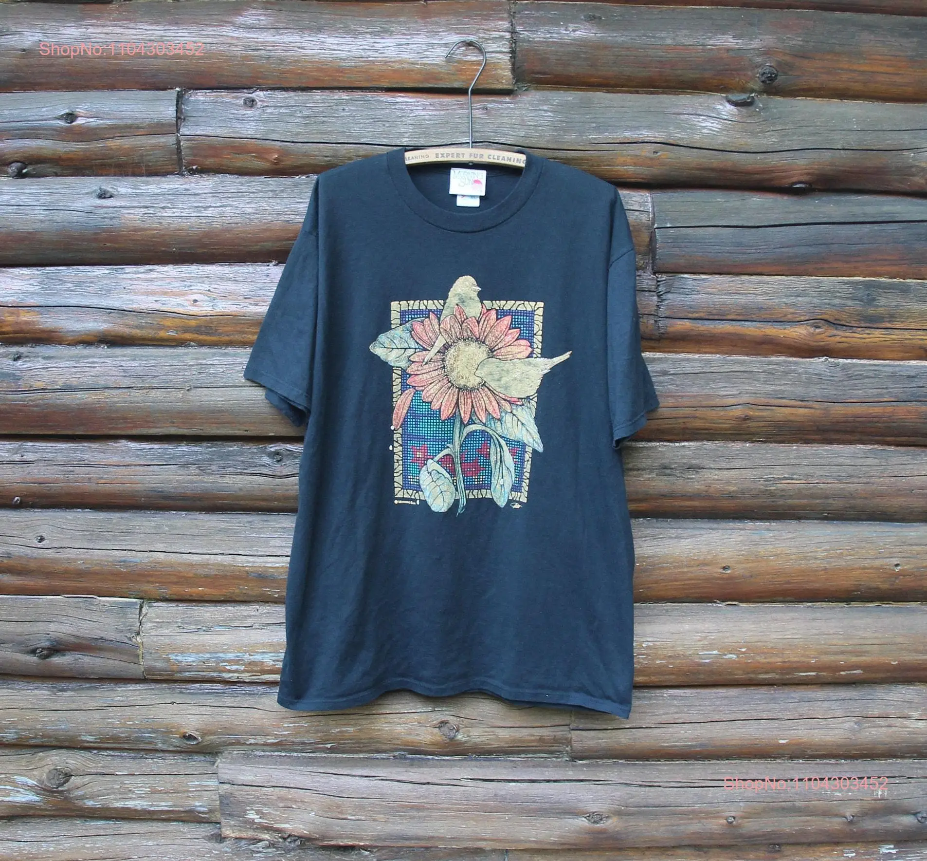 Винтажная черная футболка Morning Sun Cute Birds on Sunflower для взрослых размер XL с длинными