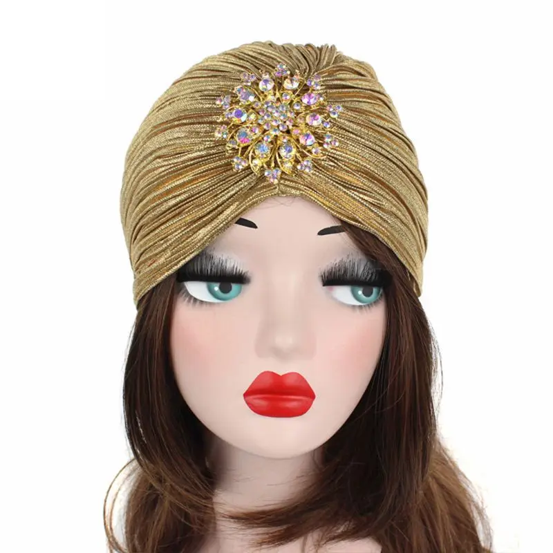 Women Indian Turban Hat Head Wrap Pleated Soft Velvet Hair Hijab Cap with Brooch images - 6