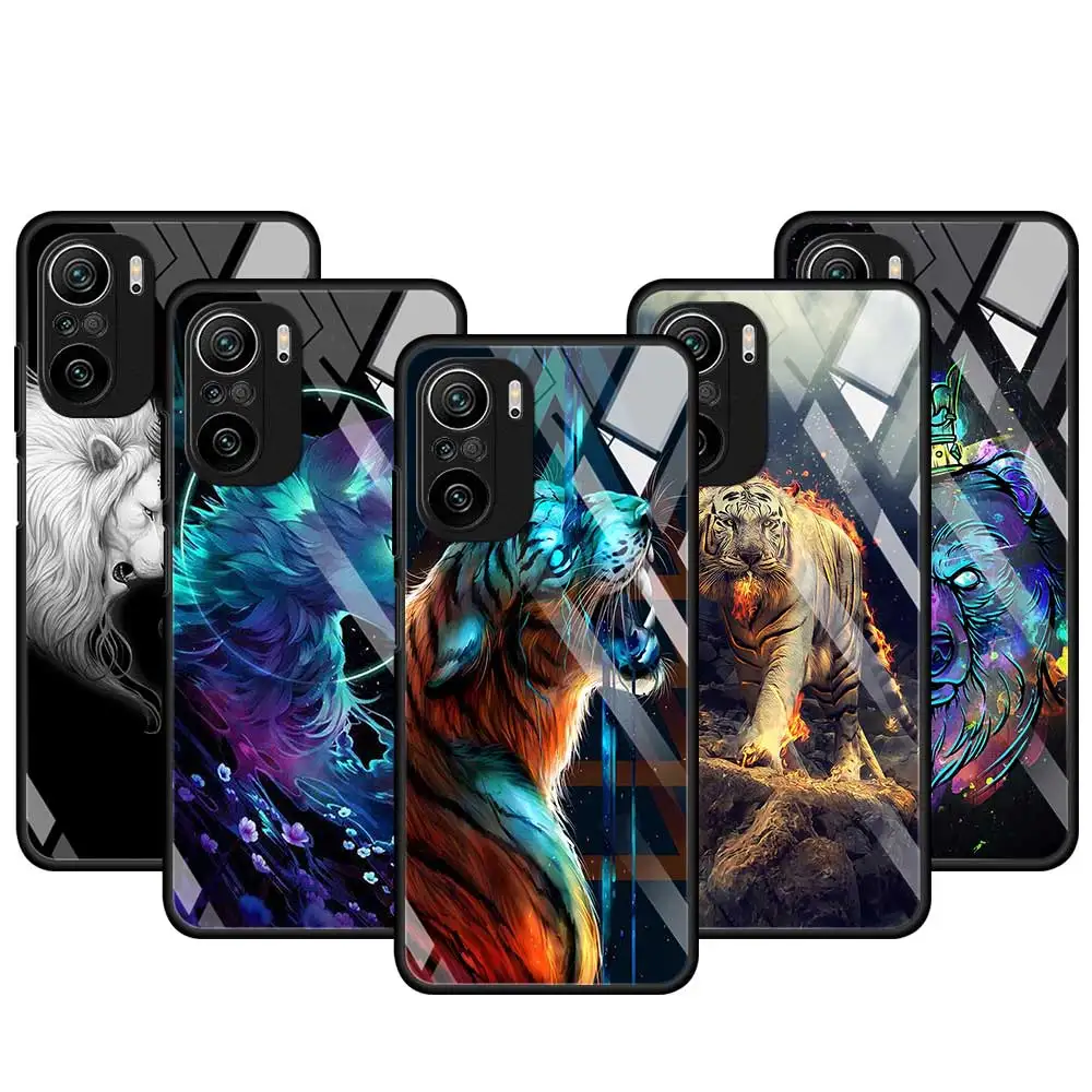 

Tempered Glass Case for Xiaomi Redmi Note 11 9S 10 9 8 Pro K40 7 8T 9C 9A 11S 11T 5G Phone Cover Animal Lion Wolf Tiger Fashion