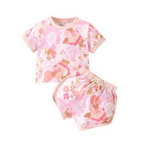2piece kids casual set flower print round neck short sleeve t shirts drawstring short pants for baby girls pink 6 months 4 years