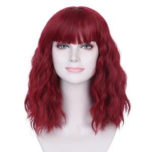 Synthetic Wavy Burgundy Wig Short Wine Red Wig with Bangs for Women Natural Shoulder Length Bob Hair