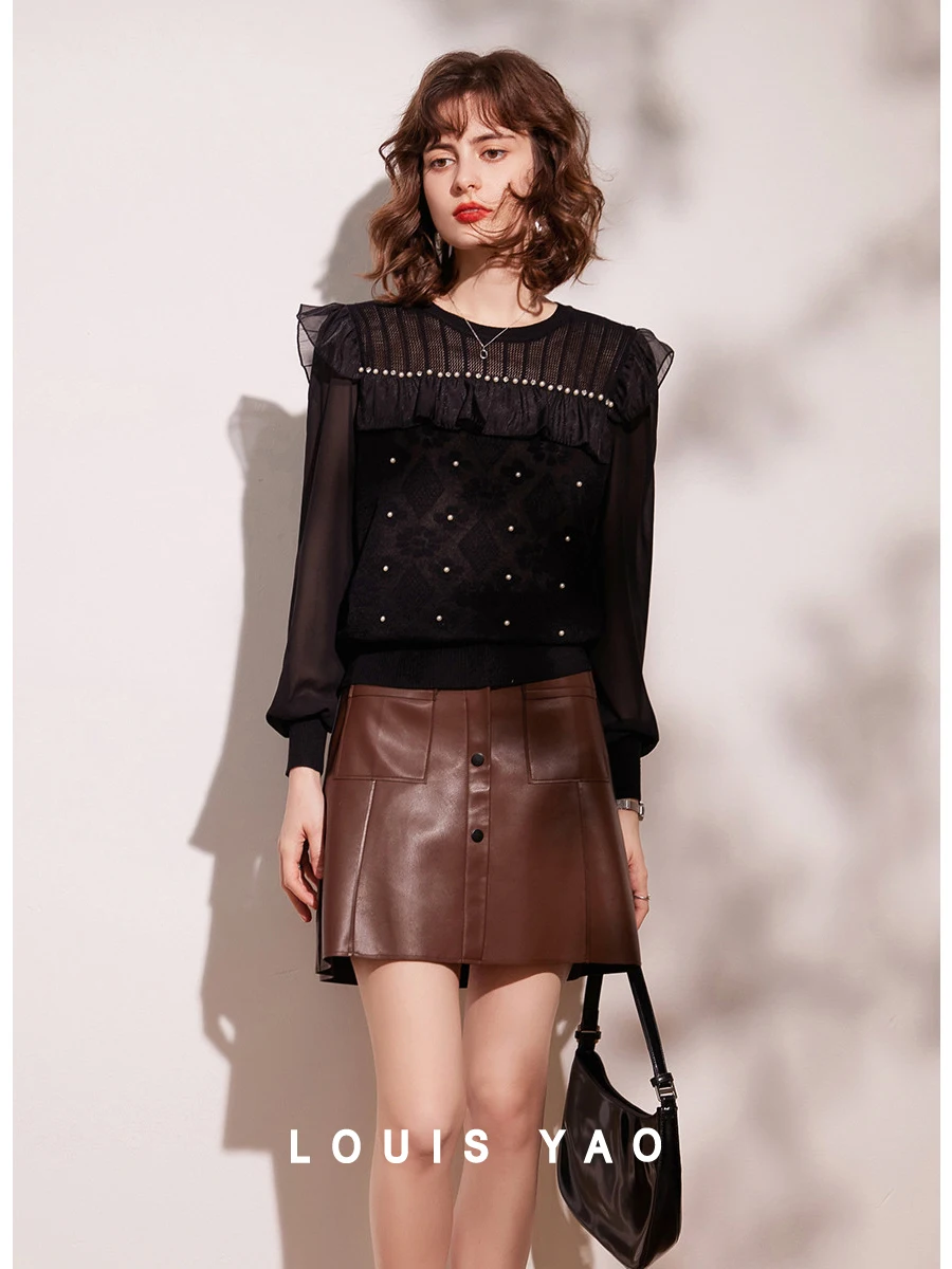 Женский трикотажный жаккардовый свитер LOUIS YAO элегантный кружевной Повседневный