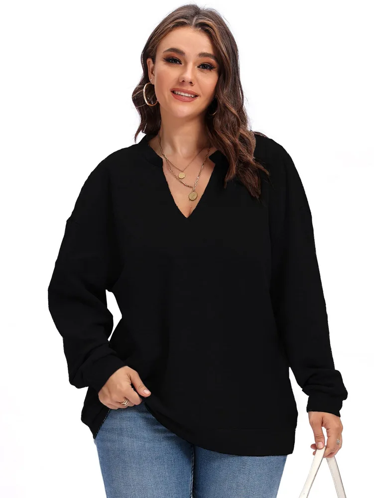 HAOOHU hot selling solid colour V-neck women's plus size t-shirt long sleeve sweater fashion knitted tops autumn and winter new