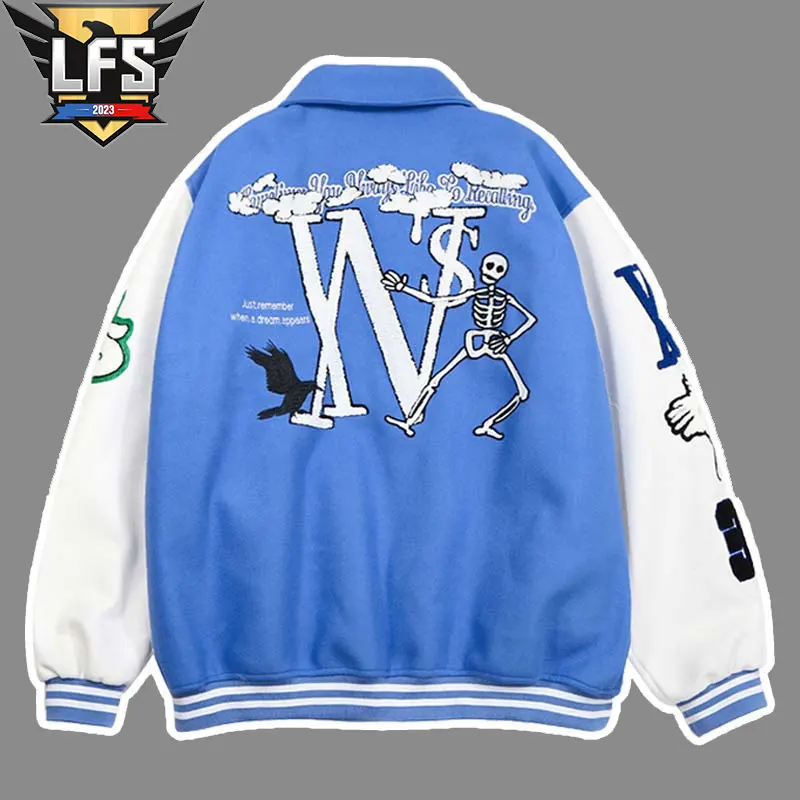 

Varsity Jackets Loose Bomber College Coats Unisex Skeleton Flocking Baseball Jacket Men Women Blue Hip Hop Streetwear Patchwork