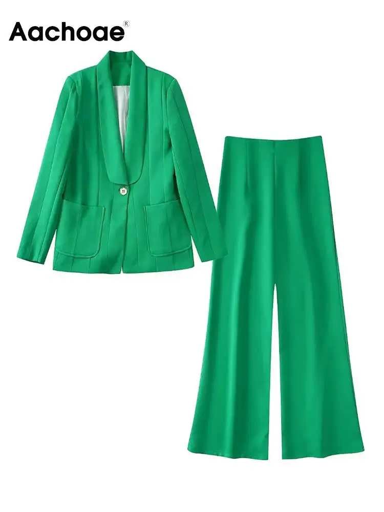 

Aachoae Women Sets Elegant Solid Color Single Button Long Sleeve Blazer Suits With High Waist Wide Leg Pants Office Outfits