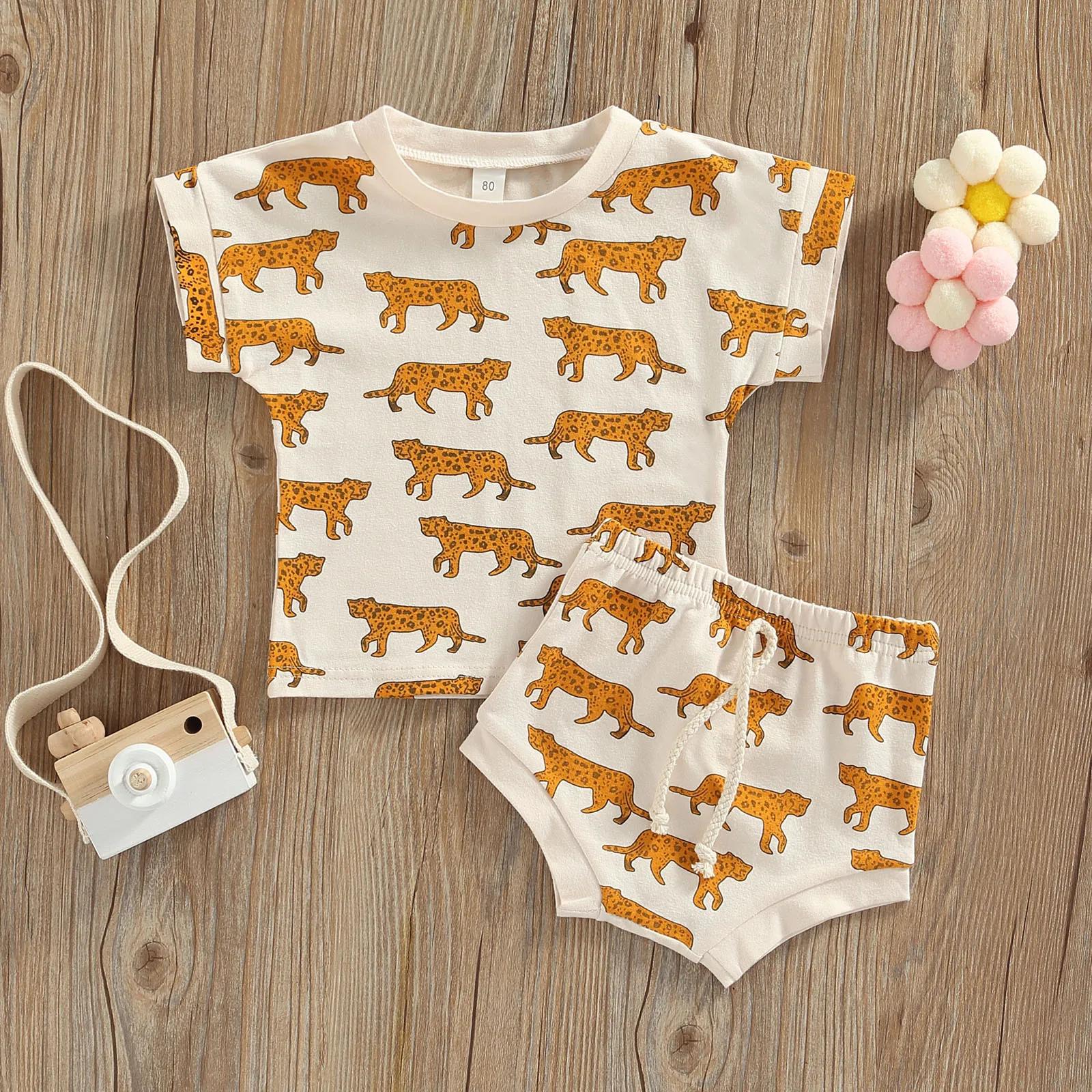 

TR New Summer Infant Baby Girls Boys Set Leopard Pattern Print Short Sleeve T-shirt Tops Elastic Waist Shorts Clothes