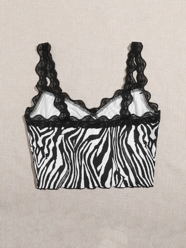 Майка женская с V-образным вырезом модный пикантный топ принтом зебры кружевной